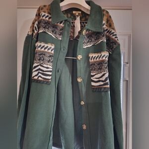 Green Coat with Animal Print Accents